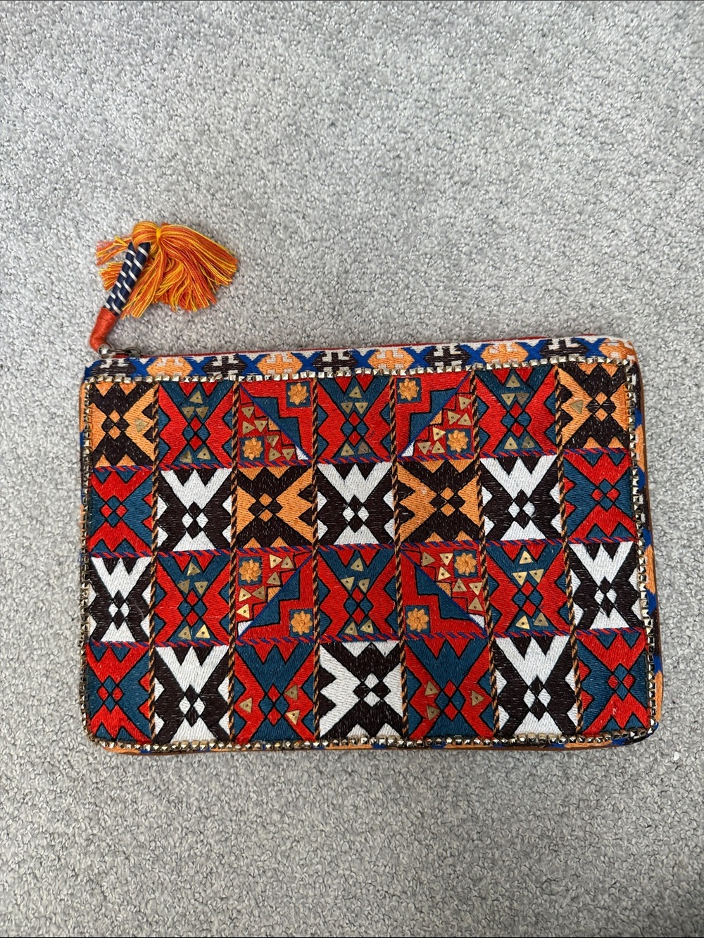 Hand-Embroidered Geometric Zip oversized  Clutch in Red, Blue & Orange
